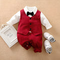 Wine red cotton baby boy romper one-piece suit with long sleeves and single-breasted closure