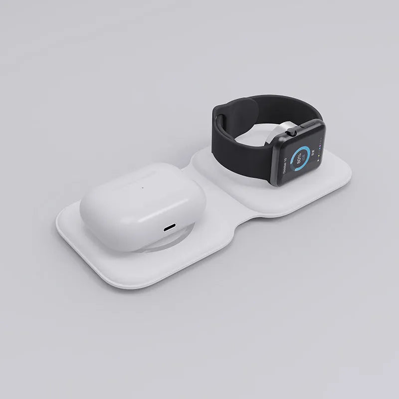 LFX-163 foldable wireless charger in fish-water blue colour charging a mobile phone and watch