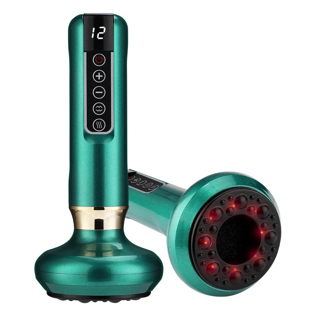 Green electric vacuum cupping massager device with USB cable on a white background