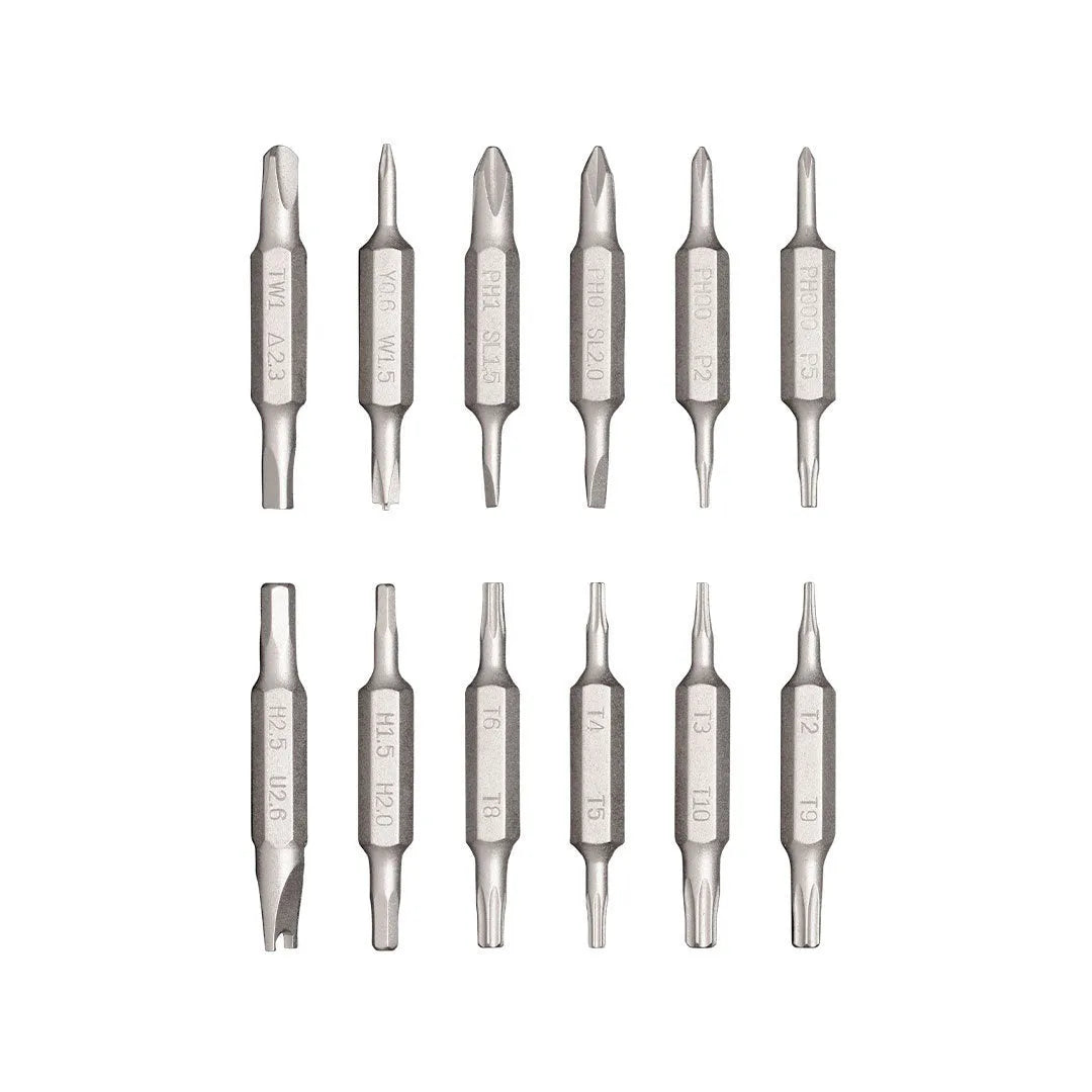 24-in-1 electronics repair screwdriver set in green, red, or black with bits stored in handle