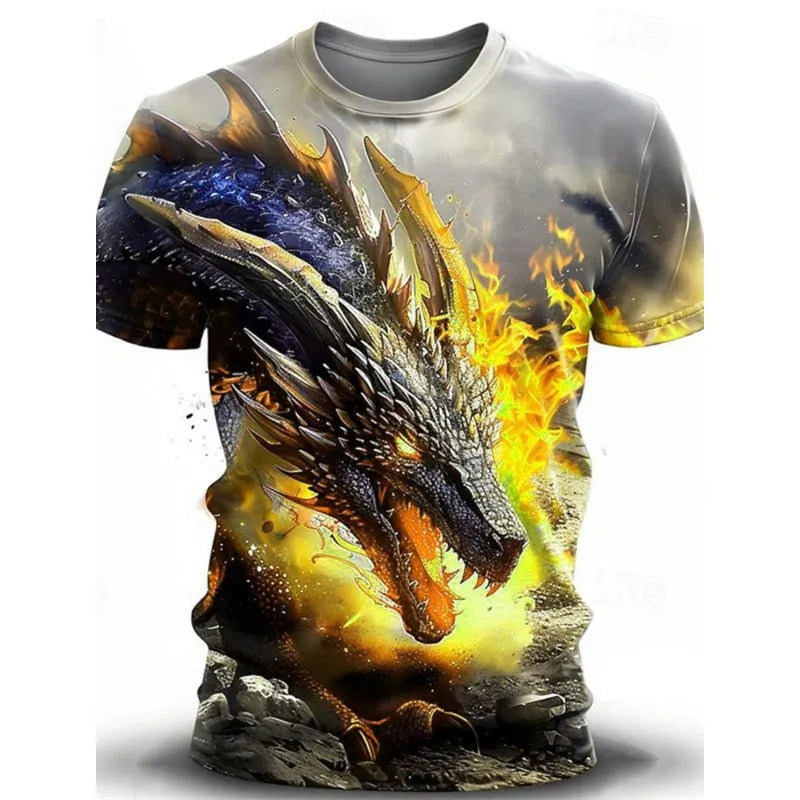Men's grey T-shirt with 3D printed wind dragon design, short sleeves, and pullover style
