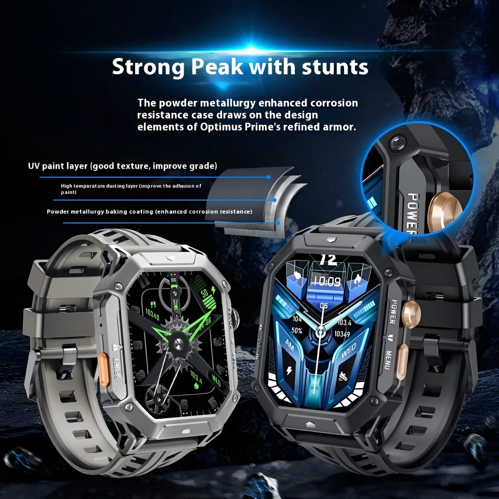 Smart watch with Bluetooth calling and gas compass in black, showing touch-button operation and IPS screen