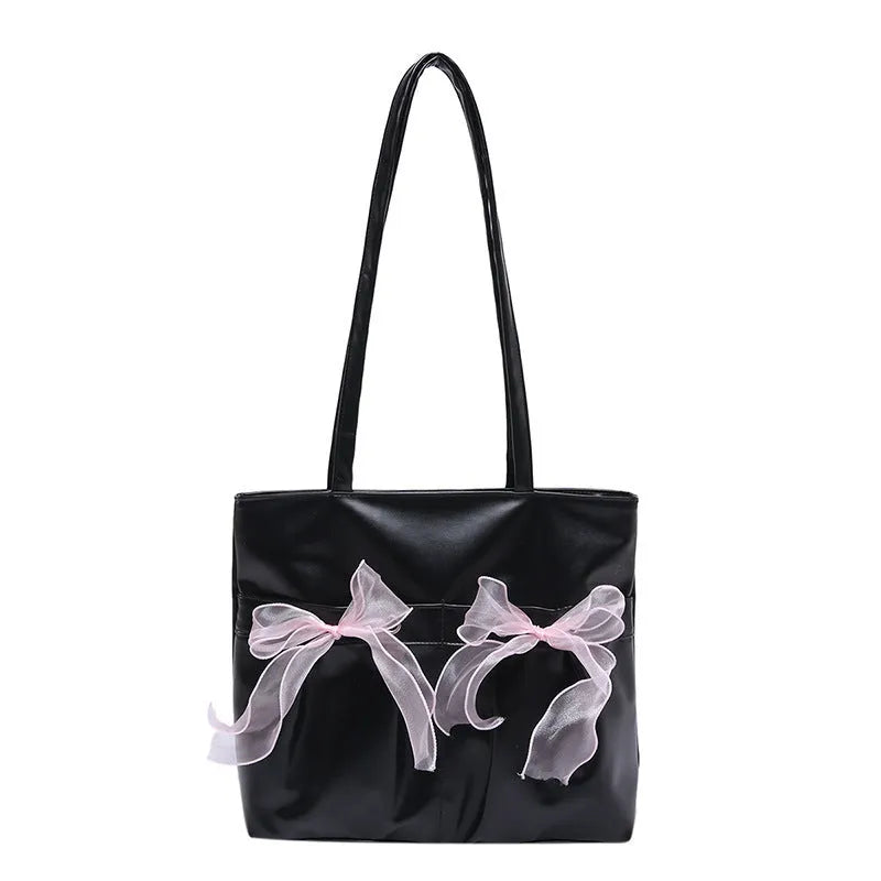 College style bow tote bag in PU leather with large capacity and internal zipper pocket organisation