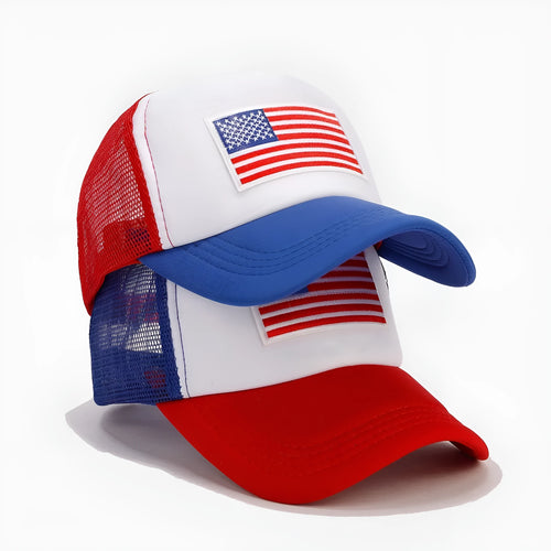 Red and blue two-tone breathable mesh baseball cap with adjustable strap and dome crown.