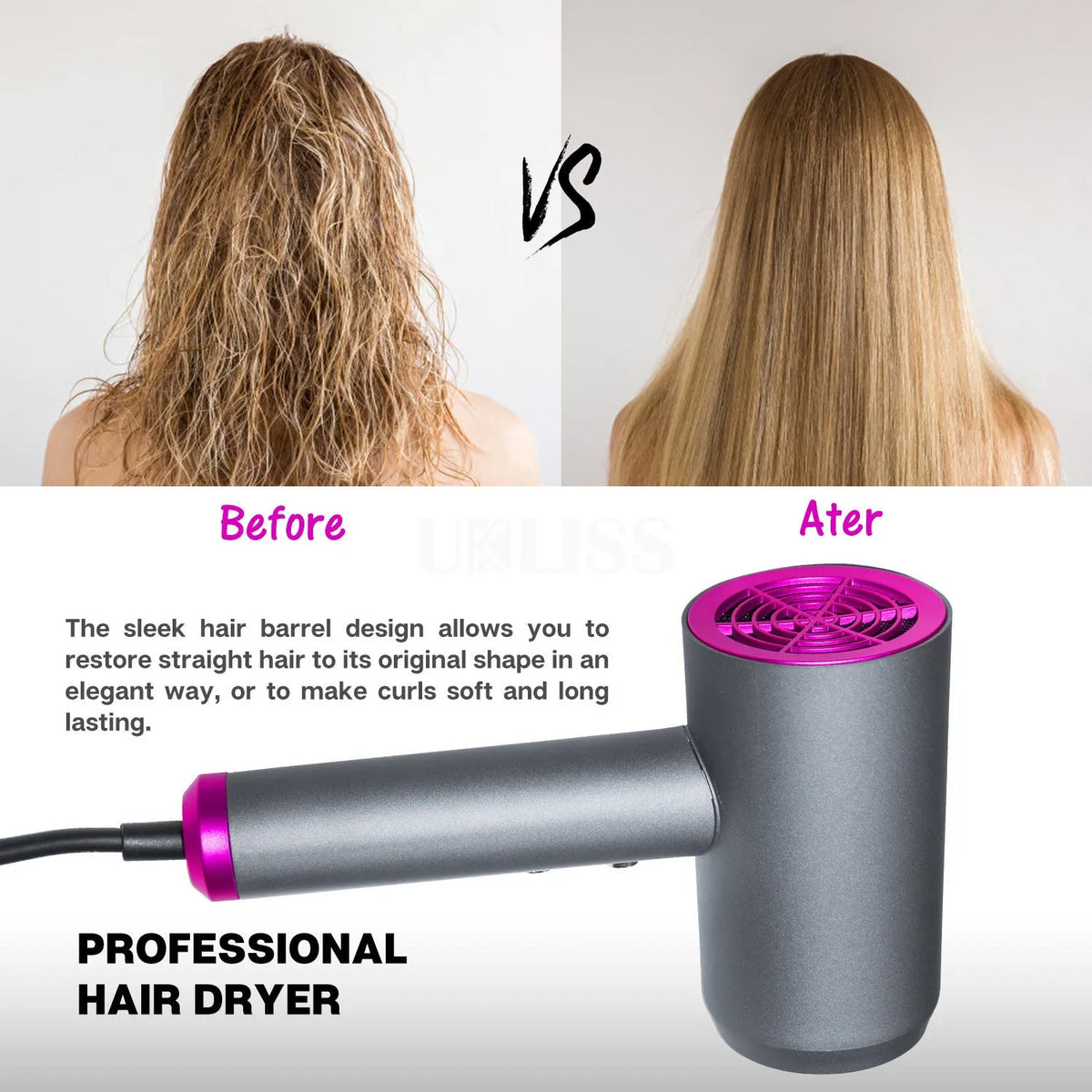 Grey PA nylon hair dryer with hot and cold air, three speed gears, diffuser and air collector, EU or US plug