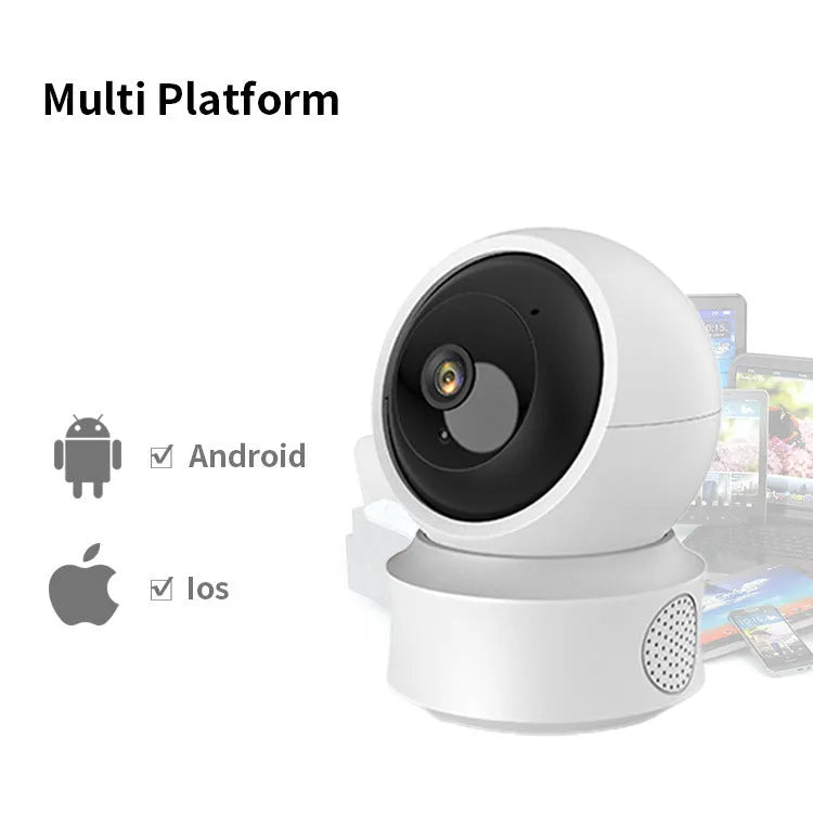 Wireless WiFi indoor surveillance camera with 360-degree panorama, night vision, and voice intercom, 135 x 104 x 98mm