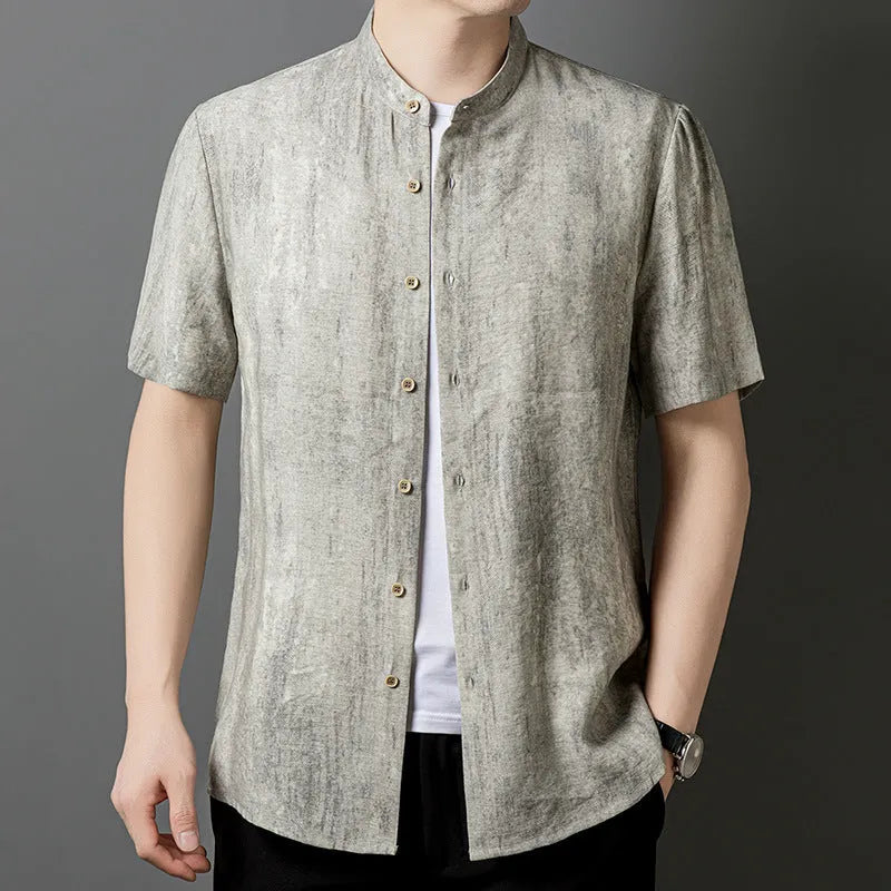 Men's loose-fit linen blend shirt with stand collar in black grey and white grey colour options