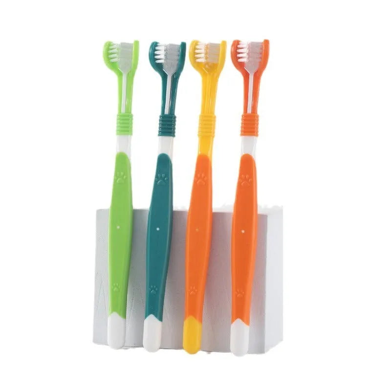 Six coloured pet toothbrushes with plastic handles and nylon bristles for dog and cat dental care