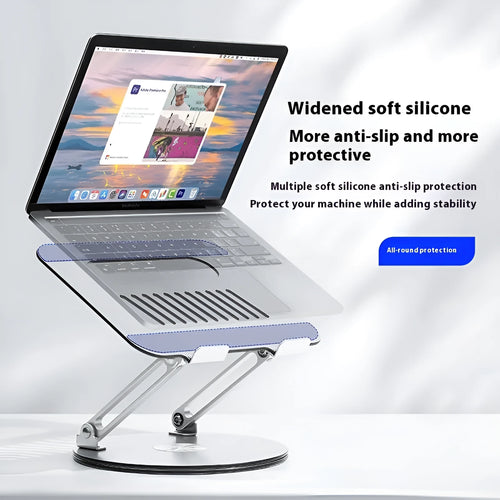 Silver aluminium laptop stand folded flat showing rotatable mechanism