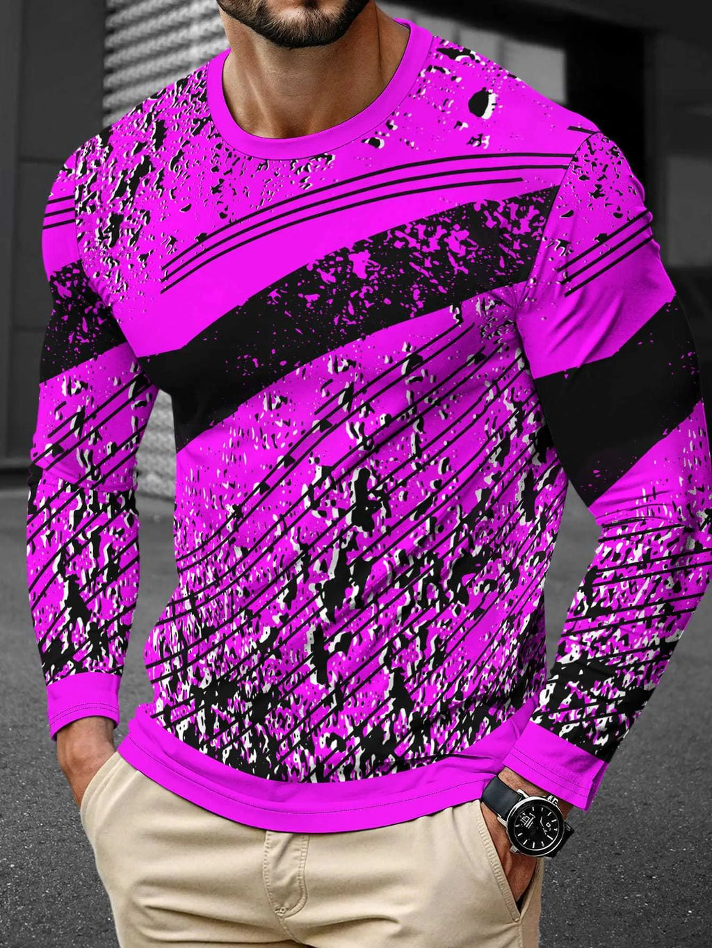Men's long sleeve simple trendy round neck pullover top in milk silk fabric, available in multiple colours