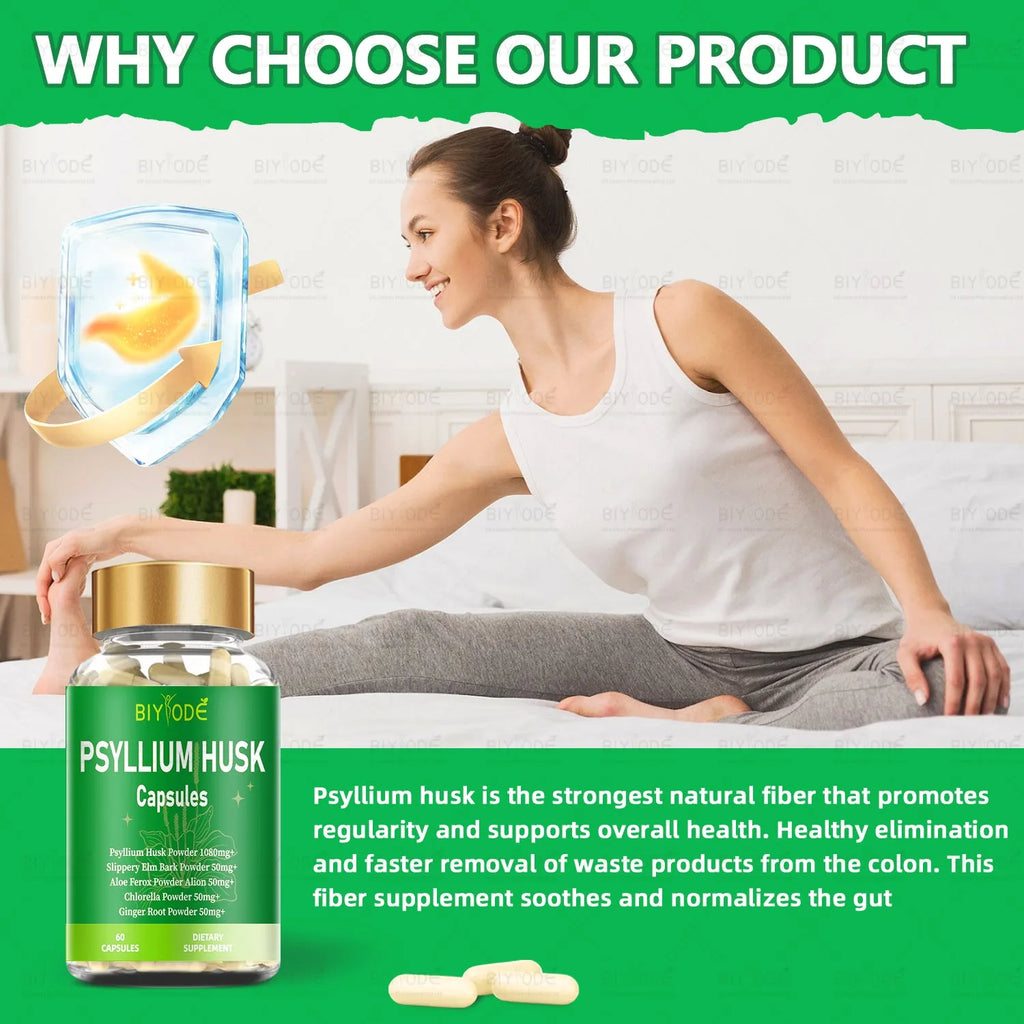 Bottle of psyllium husk powder capsules 60ct natural fibre supplement for digestion