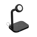 Multi function desktop stand wireless charger in black with indicator light, holding a mobile phone upright