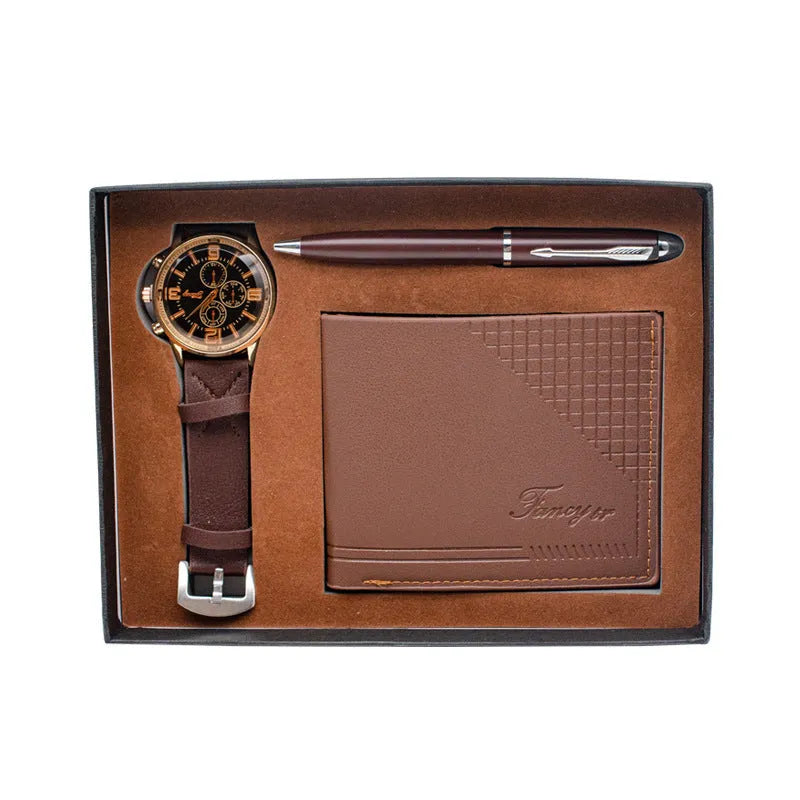 Creative holiday gift set featuring a wallet, pen, and watch inside a modern simplicity style gift box.