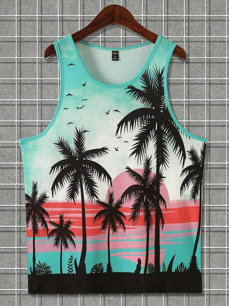 Men's 3D printed Hawaiian style sleeveless vest t-shirt in solid colour with polyester fabric