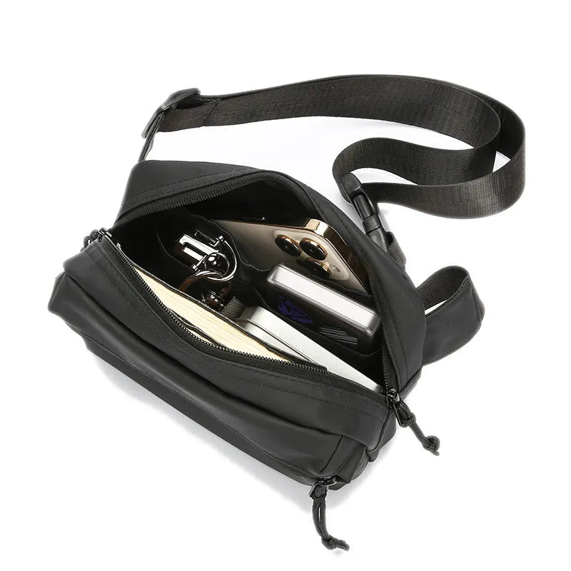 Men's waterproof Oxford cloth crossbody bag available in black, grey, blue, and khaki.