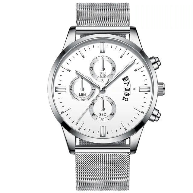 Men's stainless steel mesh band quartz watch in a two-tone colour option on a wrist.