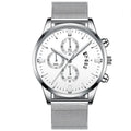 Men's stainless steel mesh band quartz watch in a two-tone colour option on a wrist.