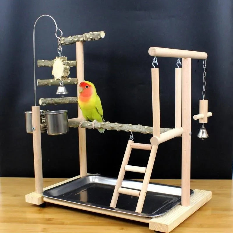 Pepper wood parrot play stand with integrated tiger skin peony toy and multi-level platforms.