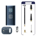 Portable wireless car tyre pump with digital display, LED light, and USB port on black ABS housing.