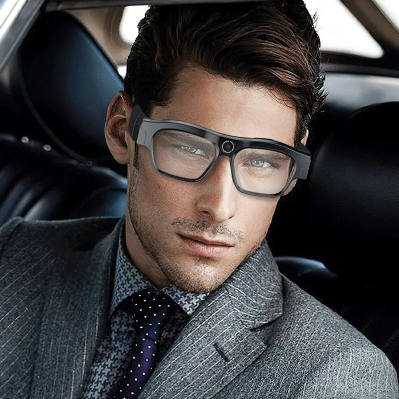 Black smart Bluetooth glasses with integrated camera for head-mounted video recording