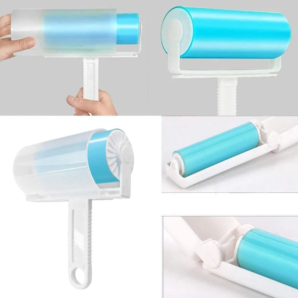 Washable reusable lint roller for removing pet hair from fabrics, shown with protective cover in blue, green, pink or yellow.