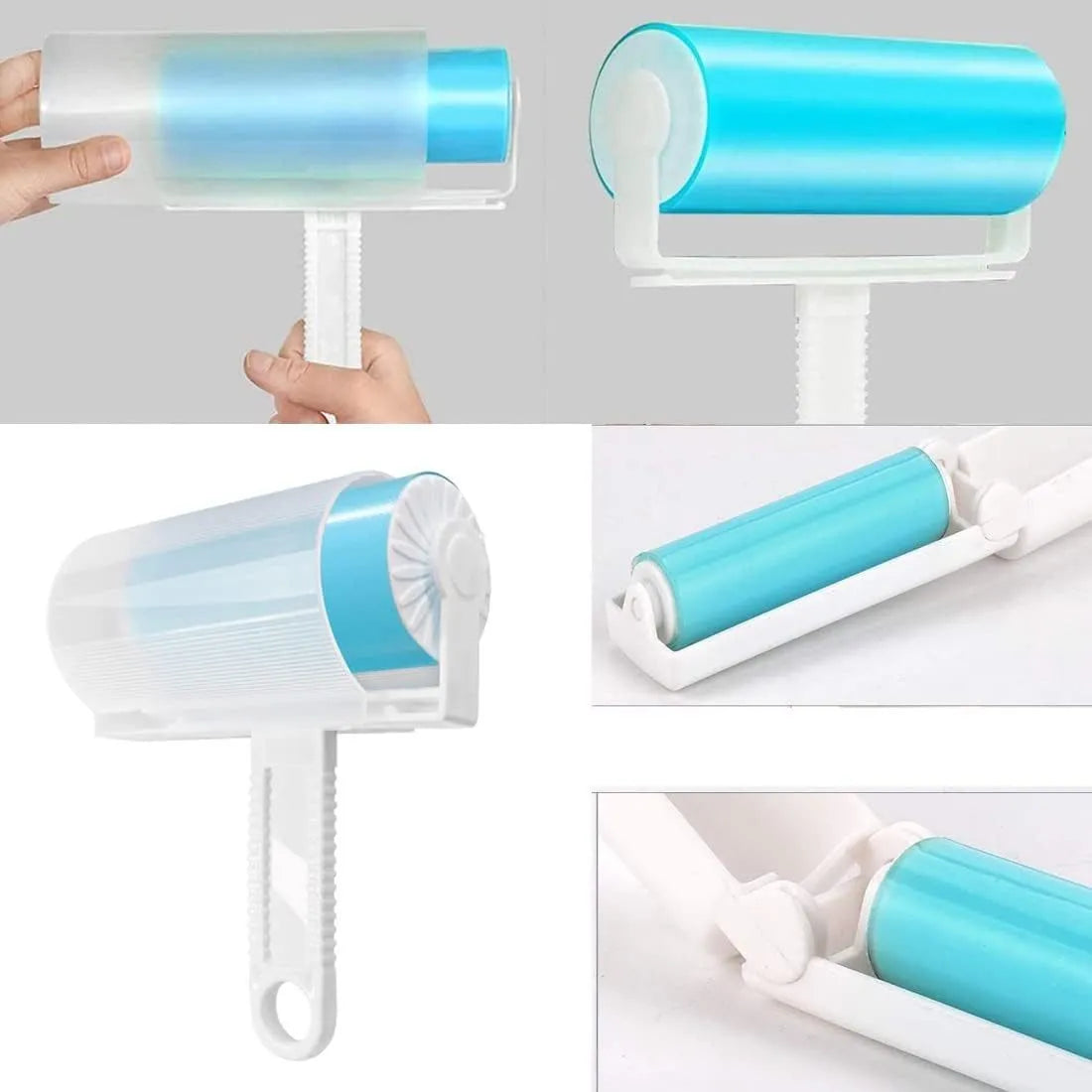 Washable reusable lint roller for removing pet hair from fabrics, shown with protective cover in blue, green, pink or yellow.