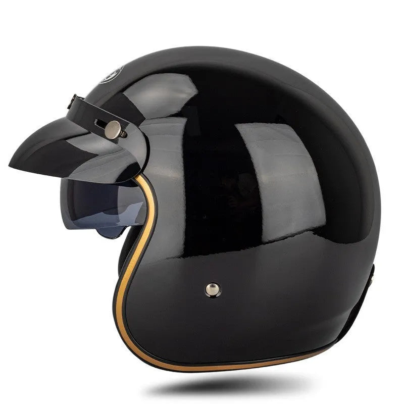 Retro outdoor half helmet for electric bike riding in ABS plastic, shown in multiple colours and sizes.