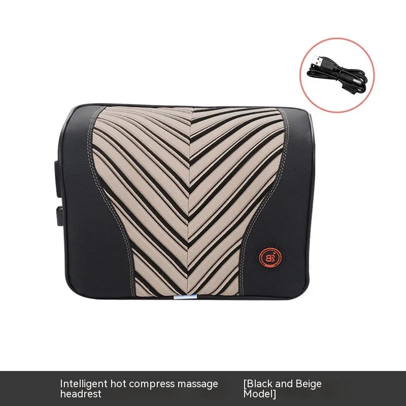 Black and red electric car massage headrest and lumbar support cushion with leather mesh fabric.