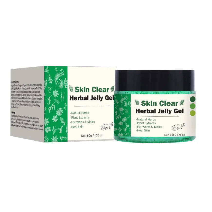 Clear herbal gel in 50g tub for body care and makeup preparation