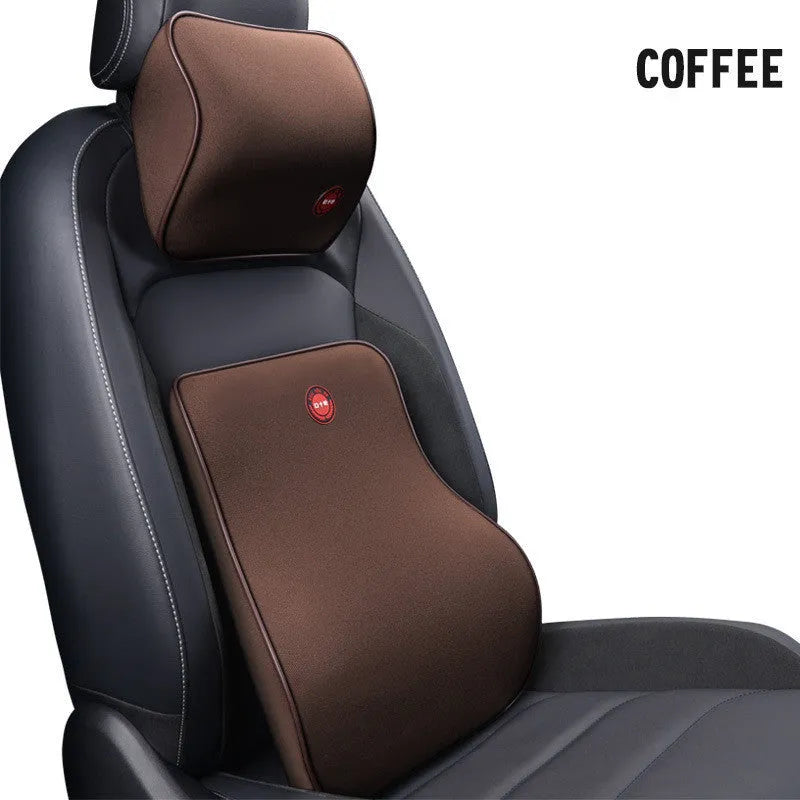 Car headrest neck protector and waist support set in black, coffee, grey or red, bamboo charcoal memory cotton, 0.9kg