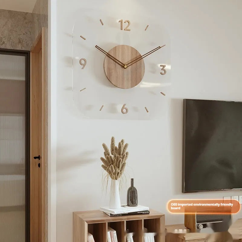 Transparent wooden frame modern wall clock 35cm with wooden shell for living room or office