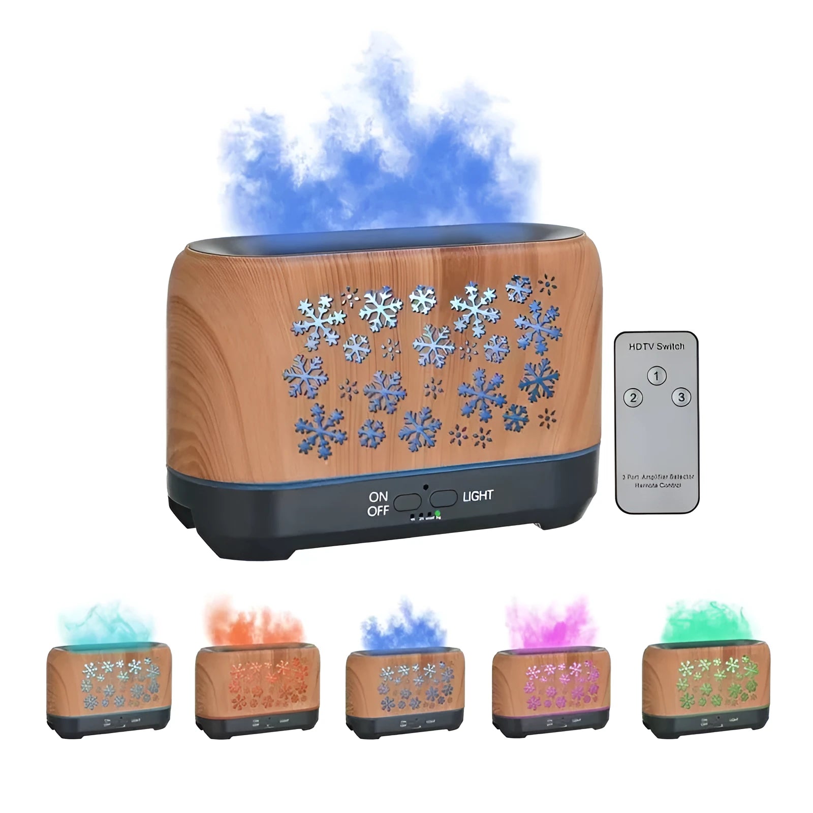 Square desktop aromatherapy humidifier with colourful snowflake wood grain pattern and flame effect lighting