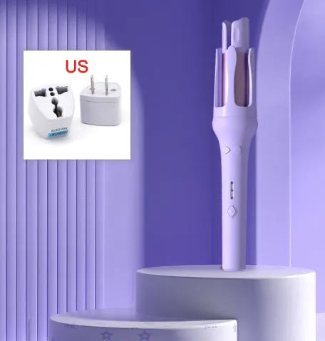 White and pink automatic hair curler with a 32mm ceramic barrel and a US plug adapter on a table.