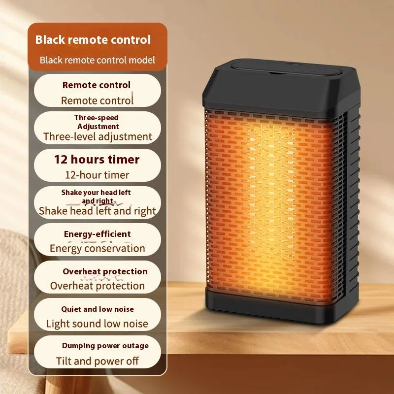 Black remote-controlled desktop heater with compact design and oscillating air vent