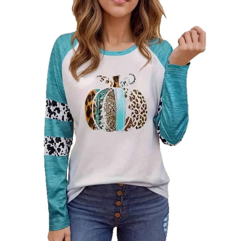 White long sleeve casual T-shirt with a sky blue Halloween pumpkin digital print design.