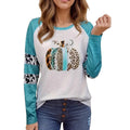White long sleeve casual T-shirt with a sky blue Halloween pumpkin digital print design.
