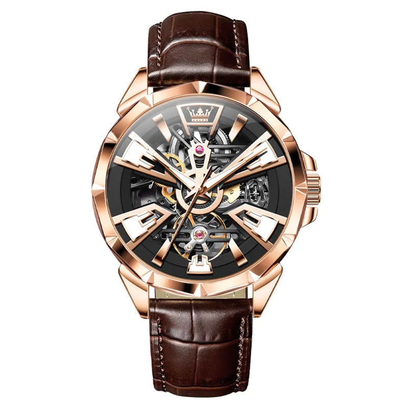 Men's automatic mechanical watch with transparent case back showing movement, 44mm barrel dial