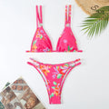 Women's floral halter bikini set with backless briefs in blue, orange red, rose red, white or yellow colours