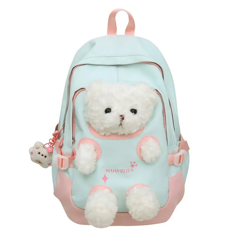 Nylon school backpack with curved shoulder straps in macaron colours including yellow pink