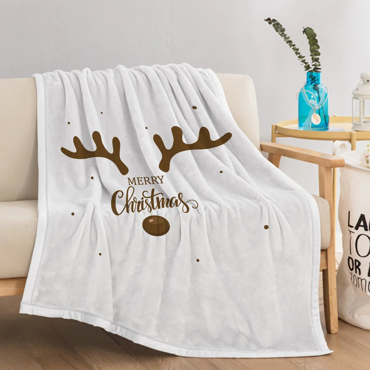 White deer antler pattern Christmas flannel velvet throw blanket with hemmed edges, available in three sizes