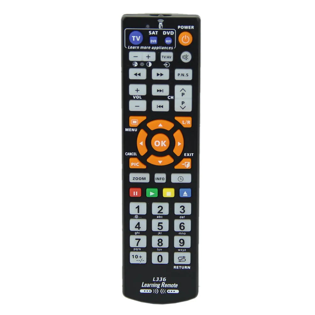 Black L336 learning remote control with full button layout for audio equipment