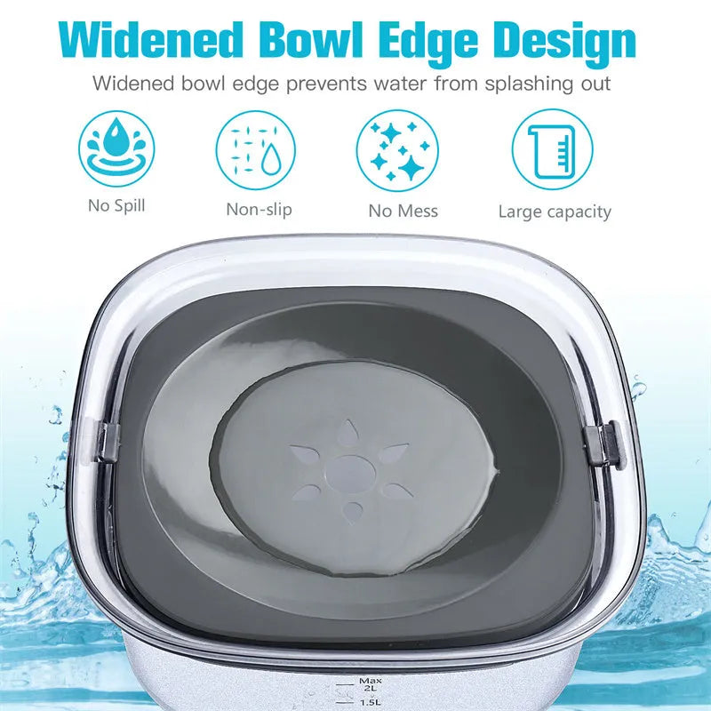 Transparent 2 litre dog water bowl with floating disk and visible water level