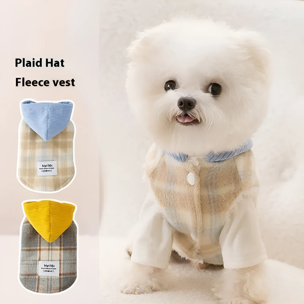 Blue corduroy dog hoodie vest with chessboard pattern and zip front closure