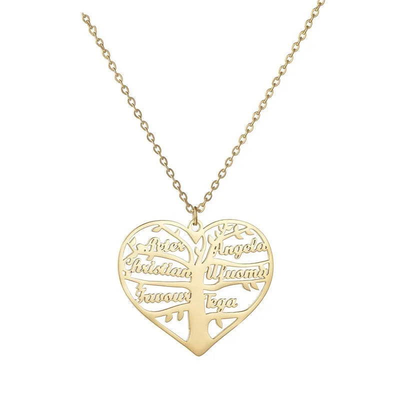 Custom stainless steel necklace with hollow heart tree pendant and engraved names in gold or silver finish