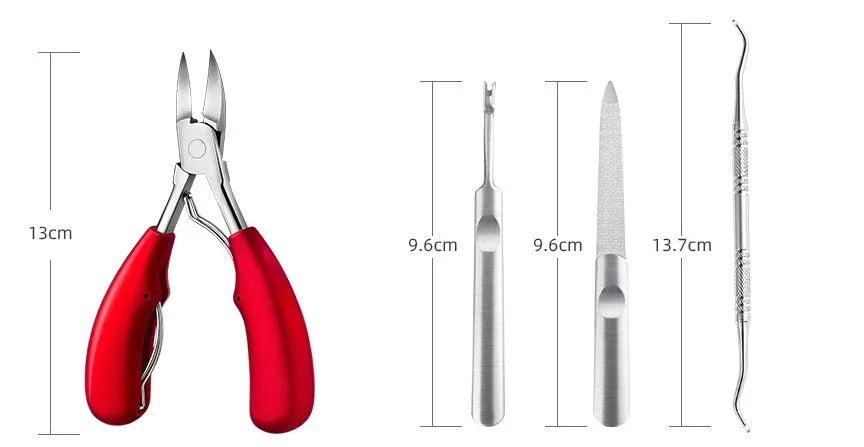 Stainless steel nail clippers with a red ABS plastic handle on a white background.