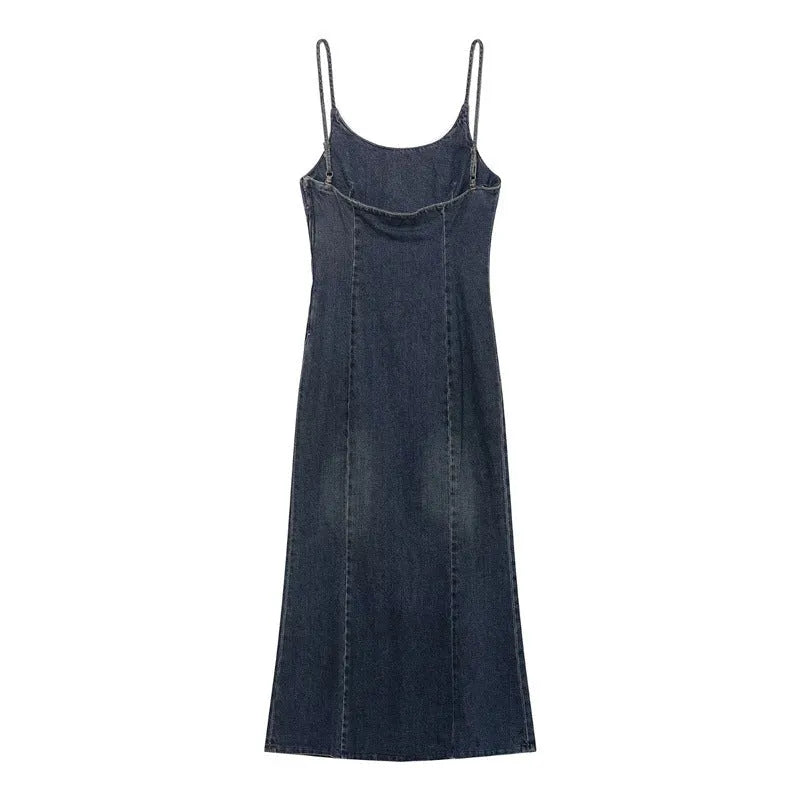 Women's blue knitted denim-look short dress with hood, pleated asymmetrical hem, and long sleeves on a model.
