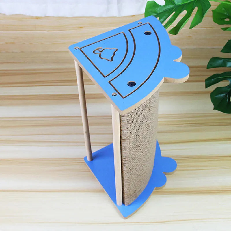 Corner-fitting cardboard cat scratching pad with a dangling ball toy.