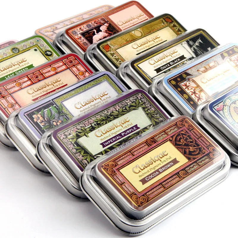 Rectangular oily ink pad for DIY rubber stamps in five colours: cocoa brown, fog blue, gray pink, green, leaf green.