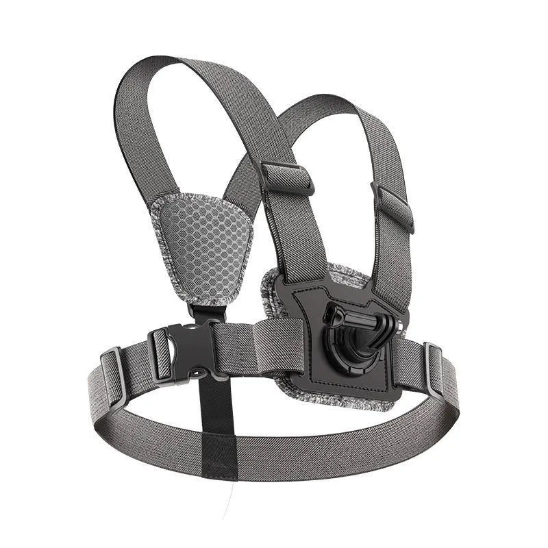 Chest mount with dual-camera setup for action camera and phone, including curved extension rod and anti-shake rope