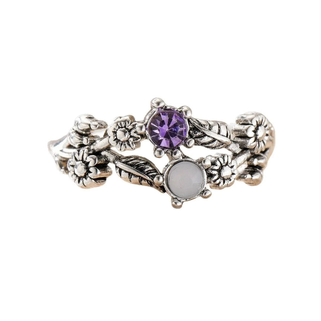 Purple gemstone flower ring for women in silver zinc alloy, available in sizes 6 to 10